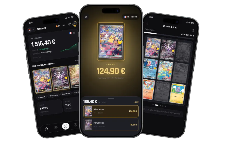 Compleo sur trois écrans mobiles : valeur de la collection, carte scannée et progression d'un master set