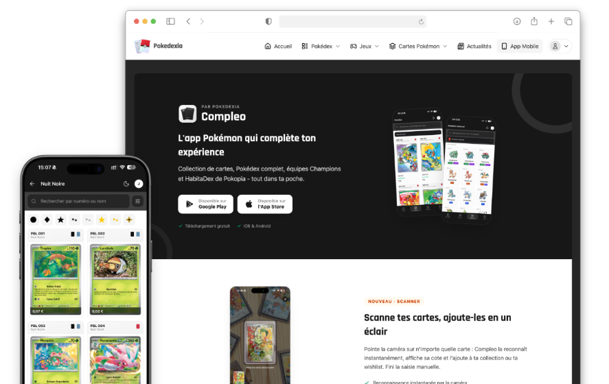 Compleo, l'app mobile Pokémon lancée depuis le site Pokedexia